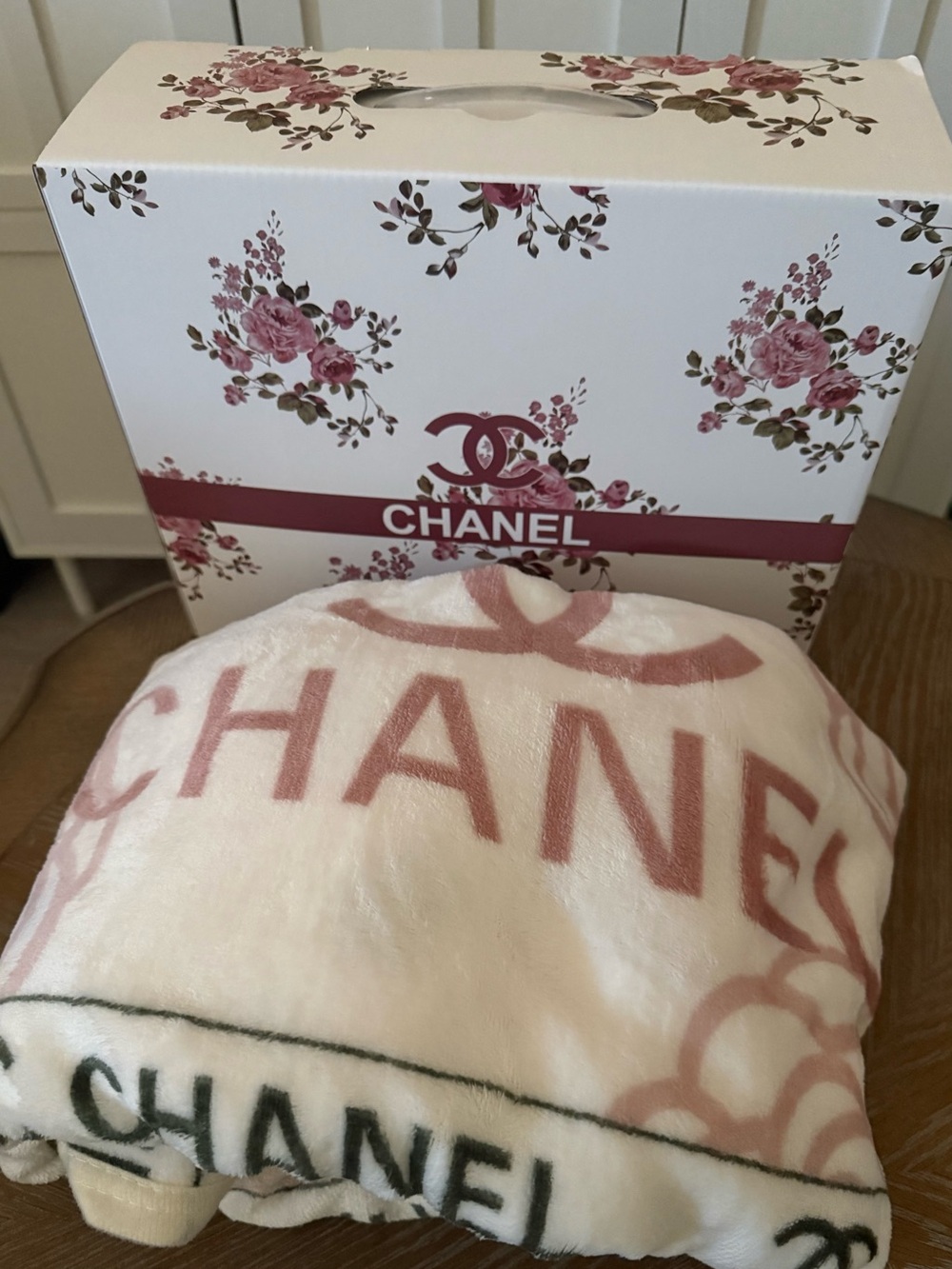 CC Fashion Floral Logo Blanket - Pink & Gray Roses Throw WITH BOX